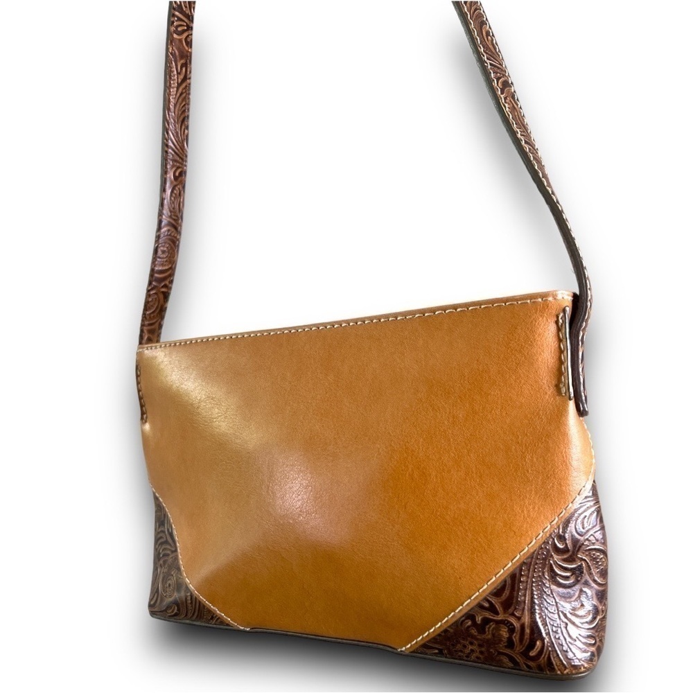 NINE West Tan Brown Floral Scroll Leather Embossed Mini Shoulder Bag